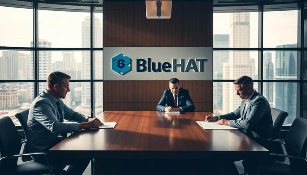 A boardroom table set against a backdrop of modern architecture, with a large window overlooking a bustling city skyline. The lighting is dramatic, with a mix of warm and cool tones casting shadows across the polished wooden surface. Gathered around the table are four business executives, their expressions serious as they pore over financial reports and market data. The BlueHAT brand logo is prominently displayed on a large wall panel behind them, signifying the company's pivotal role in the strategic decision-making process. The overall atmosphere conveys a sense of gravity and importance, reflecting the high-stakes nature of the "dip or pivot" choice facing the business.