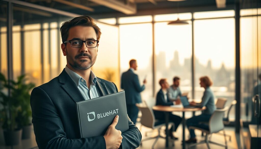 A bustling office setting, illuminated by warm, natural lighting filtering through large windows. In the foreground, a well-dressed professional stands with a determined expression, clutching a folder emblazoned with the "BlueHAT" brand logo. The middle ground features a team of colleagues collaborating around a conference table, their faces alight with a sense of progress and achievement. In the background, a cityscape skyline is visible, hinting at the broader context of a thriving business environment. The overall mood conveys a sense of persistence, resilience, and the potential rewards that can emerge from navigating through challenging times.