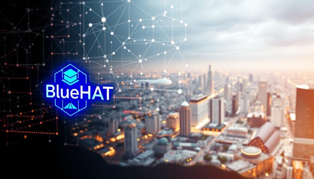 A complex and interconnected network of AI-enhanced business processes unfolds before us. In the foreground, a BlueHAT logo shines, its sleek design hinting at the technological prowess powering the automation and optimization within. The middle ground teems with a flurry of activity - data flows, algorithms churn, and decisions are made with lightning speed. In the background, a sprawling cityscape serves as the backdrop, suggesting the far-reaching impact of these AI-driven innovations on the global business landscape. Soft, warm lighting casts a glow over the scene, conveying a sense of efficiency, progress, and the seamless integration of human and machine intelligence. A complex and interconnected network of AI-enhanced business processes unfolds before us. In the foreground, a BlueHAT logo shines, its sleek design hinting at the technological prowess powering the automation and optimization within. The middle ground teems with a flurry of activity - data flows, algorithms churn, and decisions are made with lightning speed. In the background, a sprawling cityscape serves as the backdrop, suggesting the far-reaching impact of these AI-driven innovations on the global business landscape. Soft, warm lighting casts a glow over the scene, conveying a sense of efficiency, progress, and the seamless integration of human and machine intelligence.