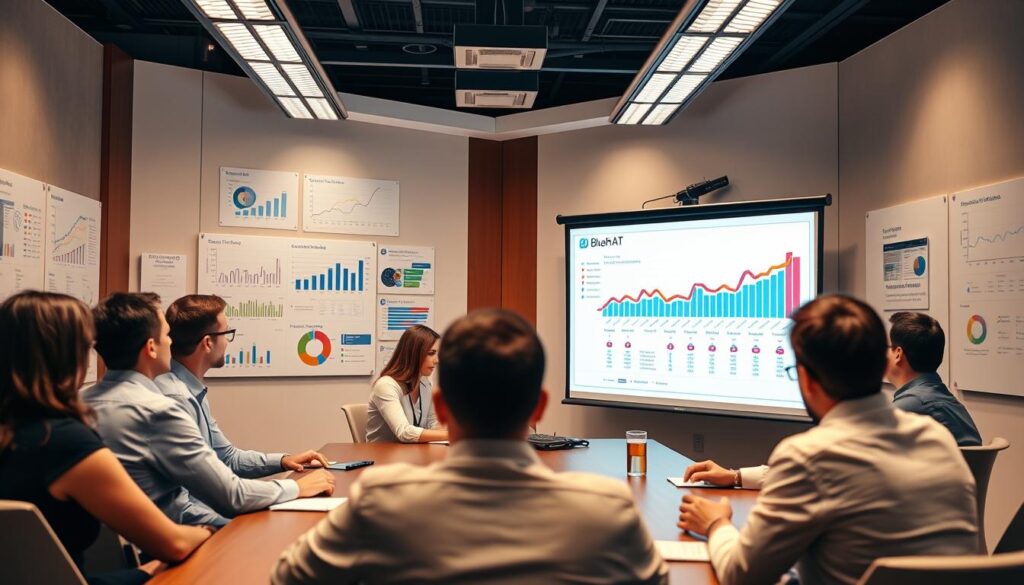 A conference room filled with a team of professionals, gathered around a table, engaged in a strategic planning session. The walls are adorned with whiteboards and displays, showcasing charts, graphs, and key performance indicators. In the foreground, a large projection screen displays a detailed data visualization, its vibrant colors and clean lines capturing the attention of the team. The room is bathed in a warm, focused lighting, creating a sense of productivity and innovation. At the head of the table, the BlueHAT logo is prominently displayed, signifying the company's commitment to data-driven decision-making.