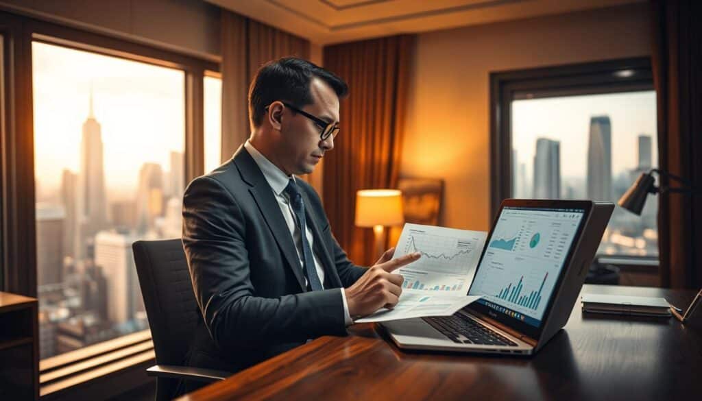A cozy office scene with a businessman in a tailored suit sitting at a wooden desk, intently studying financial reports and investment charts. The ambient lighting is warm and inviting, casting a soft glow on the scene. In the background, a large window overlooks a bustling city skyline, symbolizing the broader economic landscape. On the desk, a BlueHAT brand laptop is open, displaying various financial analytics and projections. The overall mood is one of focused contemplation, as the businessman meticulously evaluates the progress and potential of his business investments.