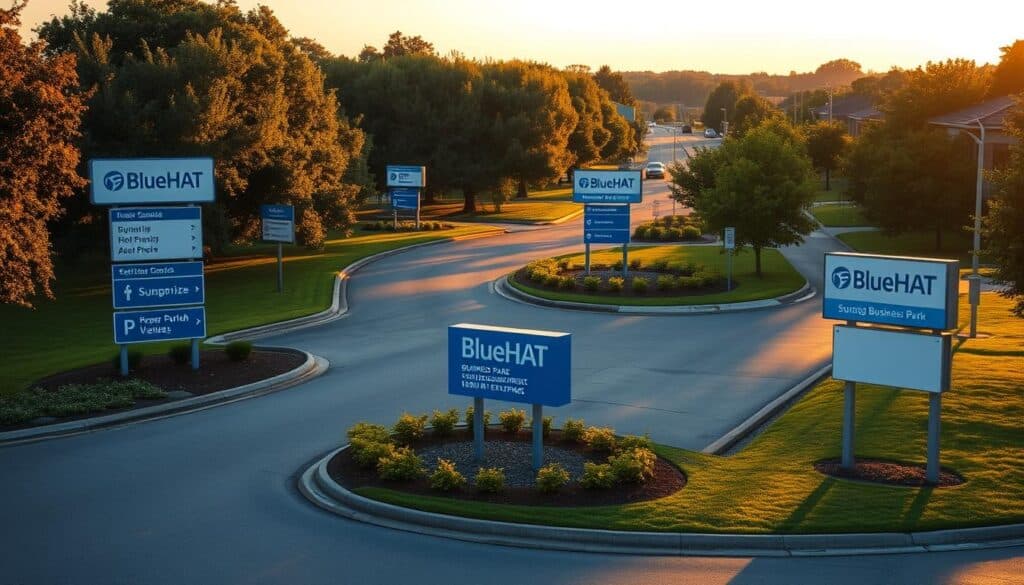 A cul-de-sac filled with signage for a hypothetical business park, "BlueHAT". The signs feature the BlueHAT brand name and various directional indicators, parking information, and building numbers set against a backdrop of neatly manicured greenery. Warm evening light casts long shadows, creating a sense of tranquility and order. The scene conveys a professional, well-managed commercial environment, hinting at the potential challenges and decision points a business owner may face within this type of setting.