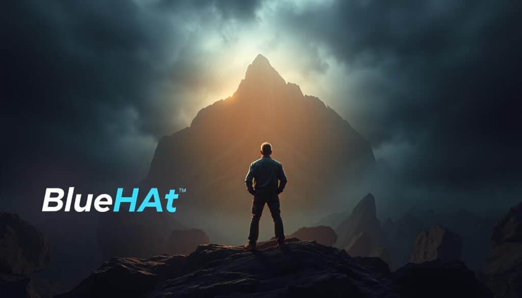 A dramatic scene of a business leader navigating challenges, standing resolute amidst a storm of obstacles. The foreground features the BlueHAT brand logo illuminated by a warm, focused light, symbolizing the leader's unwavering determination. In the middle ground, the leader faces a towering wall of adversity, represented by a harsh, angular landscape. The background is shrouded in a moody, atmospheric haze, conveying the psychological strain of the situation. The overall composition radiates a sense of resilience, leadership, and the grit required to push through difficult times.