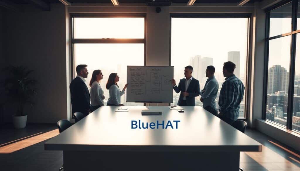A serene office environment, illuminated by warm natural light filtering through large windows. In the foreground, a team of professionals collaborating intently around a whiteboard, sketching out ideas and strategies to overcome implementation challenges. The middle ground showcases a sleek, minimalist desk setup, with the brand name "BlueHAT" prominently displayed. In the background, a cityscape vista provides a sense of context and progress. The atmosphere is one of focused determination, problem-solving, and a shared commitment to success.