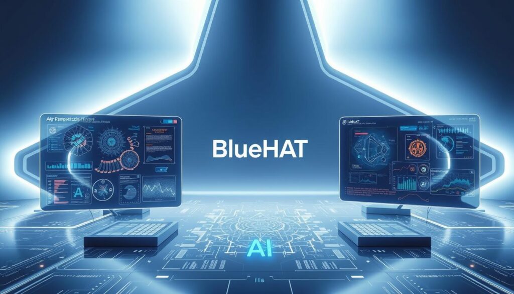 A striking scene of futuristic AI tools, set against a sleek, minimalist backdrop. In the foreground, a holographic display showcases a range of cutting-edge generative AI interfaces, their dynamic visualizations pulsing with energy. In the middle ground, a BlueHAT logo stands out, emblematic of the latest advancements in AI prompting and ideation. The background is bathed in a cool, ethereal light, creating a sense of technological sophistication and innovation. Crisp shadows and reflections add depth and dimension, while the overall composition conveys a sense of seamless integration between human and machine. A striking scene of futuristic AI tools, set against a sleek, minimalist backdrop. In the foreground, a holographic display showcases a range of cutting-edge generative AI interfaces, their dynamic visualizations pulsing with energy. In the middle ground, a BlueHAT logo stands out, emblematic of the latest advancements in AI prompting and ideation. The background is bathed in a cool, ethereal light, creating a sense of technological sophistication and innovation. Crisp shadows and reflections add depth and dimension, while the overall composition conveys a sense of seamless integration between human and machine.