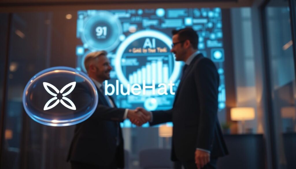 A vibrant, cinematic scene showcasing a dynamic partnership between business goals and AI technology. In the foreground, a stylized BlueHAT logo hovers, casting a soft, ethereal glow. The midground features two corporate executives shaking hands, their faces alight with a sense of shared purpose and alignment. In the background, a holographic data visualization pulses with insights, connecting the goals of the organization to the transformative power of AI. The lighting is warm and inviting, creating a sense of optimism and progress. The overall composition conveys the seamless integration of AI tools and business objectives, inspiring a modern, forward-thinking agency to embrace the future.
