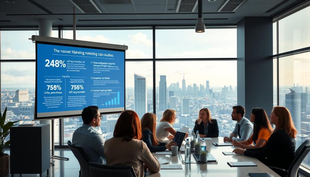 A well-lit, high-resolution scene of a modern office interior. In the foreground, a large projection screen displays a presentation with statistics, graphs, and customer testimonials, highlighting successful "BlueHAT" marketing case studies. In the middle ground, a diverse group of marketing professionals collaborate around a conference table, engaged in discussion. In the background, large windows offer a panoramic view of a vibrant city skyline, conveying a sense of dynamic progress and growth. The overall mood is one of professional expertise, collaborative spirit, and real-world marketing success.