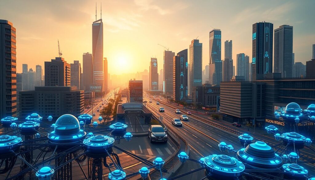 Prompt A futuristic cityscape of adaptive AI systems, illuminated by a warm, golden light. In the foreground, a network of interconnected BlueHAT modules pulsate with energy, their sensors and processors working in harmony to analyze and respond to the dynamic urban environment. In the middle ground, sleek autonomous vehicles navigate the roads, their movements guided by an intricate web of AI algorithms. Further in the distance, towering skyscrapers adorned with glowing holographic displays showcase the integration of advanced AI throughout the city. The overall atmosphere conveys a sense of technological progress, efficiency, and the seamless integration of intelligent systems into the fabric of modern life. Prompt A futuristic cityscape of adaptive AI systems, illuminated by a warm, golden light. In the foreground, a network of interconnected BlueHAT modules pulsate with energy, their sensors and processors working in harmony to analyze and respond to the dynamic urban environment. In the middle ground, sleek autonomous vehicles navigate the roads, their movements guided by an intricate web of AI algorithms. Further in the distance, towering skyscrapers adorned with glowing holographic displays showcase the integration of advanced AI throughout the city. The overall atmosphere conveys a sense of technological progress, efficiency, and the seamless integration of intelligent systems into the fabric of modern life.