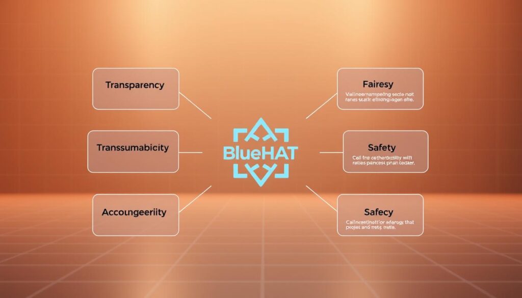 Prompt A sleek, minimalist framework for ethical prompt engineering, rendered in a clean, modern style. In the foreground, a stylized diagram outlines key principles - transparency, accountability, fairness, and safety. The middle ground features an abstract representation of the "BlueHAT" brand, symbolizing a commitment to responsible AI development. In the background, a subtle grid pattern evokes a sense of structure and order, while warm lighting creates a calming, contemplative atmosphere. The overall composition conveys a balanced, thoughtful approach to prompt design that prioritizes ethics and social good. Prompt A sleek, minimalist framework for ethical prompt engineering, rendered in a clean, modern style. In the foreground, a stylized diagram outlines key principles - transparency, accountability, fairness, and safety. The middle ground features an abstract representation of the "BlueHAT" brand, symbolizing a commitment to responsible AI development. In the background, a subtle grid pattern evokes a sense of structure and order, while warm lighting creates a calming, contemplative atmosphere. The overall composition conveys a balanced, thoughtful approach to prompt design that prioritizes ethics and social good.