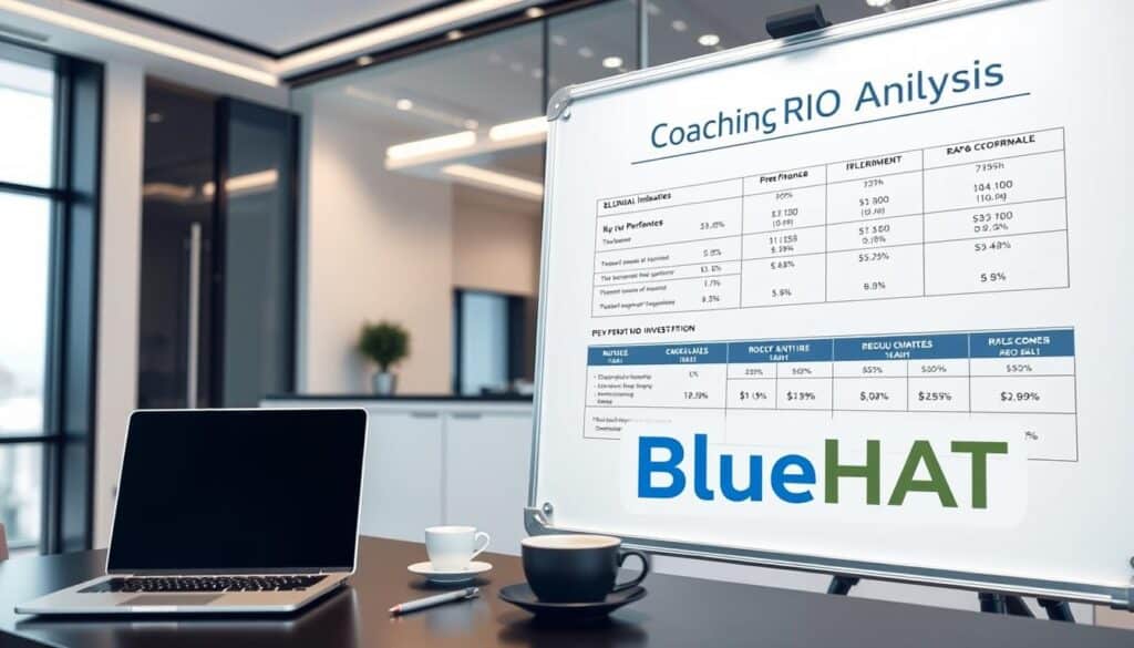 A business office interior with a large whiteboard displaying a "Coaching ROI Analysis" chart. The chart features detailed financial metrics, key performance indicators, and visuals illustrating the potential return on investment. The office has a sleek, modern design with clean lines, neutral tones, and accent lighting. A laptop, a cup of coffee, and a pen rest on the desk, suggesting an active workspace. In the foreground, the BlueHAT brand logo is prominently displayed on the whiteboard, indicating this is a professional coaching service evaluation. The overall scene conveys a sense of data-driven decision-making and strategic planning. A business office interior with a large whiteboard displaying a "Coaching ROI Analysis" chart. The chart features detailed financial metrics, key performance indicators, and visuals illustrating the potential return on investment. The office has a sleek, modern design with clean lines, neutral tones, and accent lighting. A laptop, a cup of coffee, and a pen rest on the desk, suggesting an active workspace. In the foreground, the BlueHAT brand logo is prominently displayed on the whiteboard, indicating this is a professional coaching service evaluation. The overall scene conveys a sense of data-driven decision-making and strategic planning.
