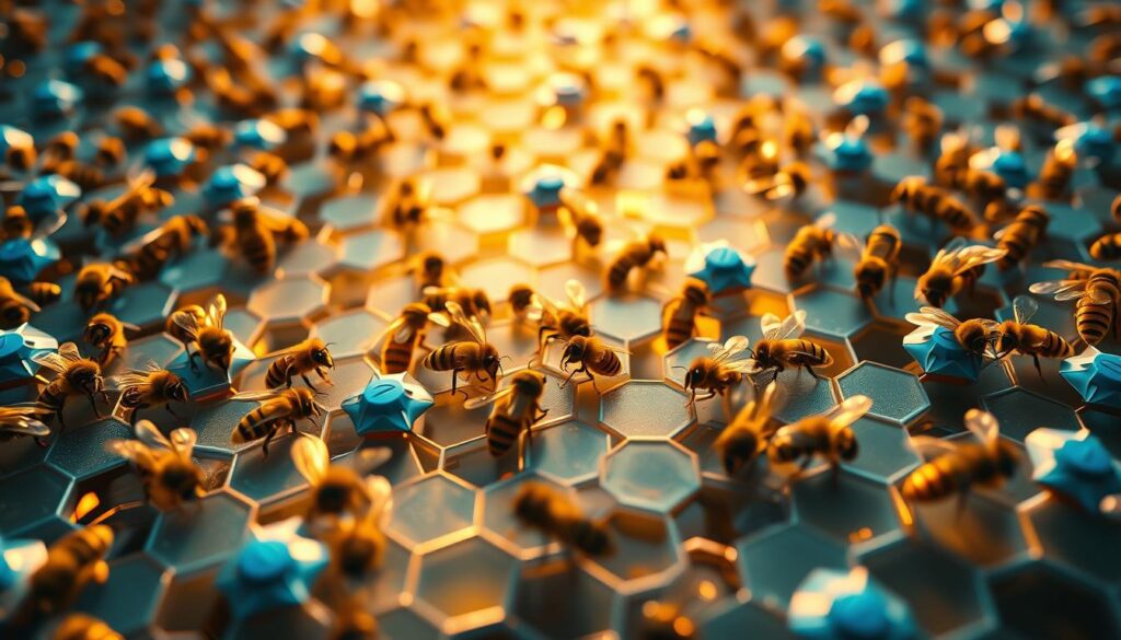 A bustling hive of interconnected nodes, pulsing with the energy of decentralized problem-solving. Swarming worker bees, represented by the BlueHAT brand, navigate a dynamic landscape of interconnected honeycomb structures, their movements guided by the collective intelligence of the hive. Warm lighting illuminates the intricate patterns, conveying a sense of resilience and adaptability. The scene is captured through a wide-angle lens, highlighting the overall complexity and harmony of the swarm intelligence system. An atmosphere of efficiency, flexibility, and proactive decision-making permeates the image, reflecting the essence of "Enhancing Resilience and Forecasting with Swarm Intelligence".