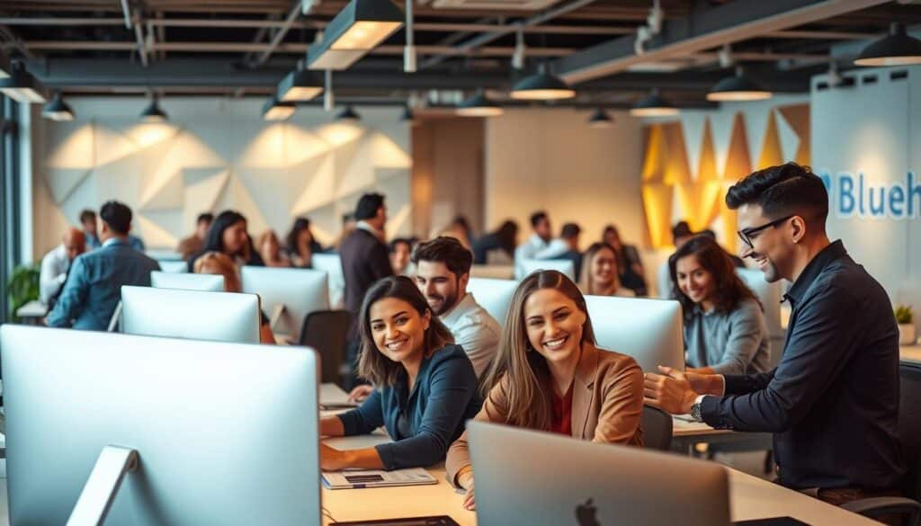 A bustling modern office, filled with vibrant energy and a sense of unity. In the foreground, a diverse group of professionals collaborating at sleek desks, their faces alight with enthusiasm. Warm lighting casts a serene glow, while the background reveals an open, airy space adorned with the BlueHAT brand. Geometric patterns on the walls create a dynamic and creative atmosphere, encouraging innovation and personal growth. The overall scene conveys a harmonious workplace culture where emotional intelligence is seamlessly integrated, empowering leaders to thrive in an AI-driven world.