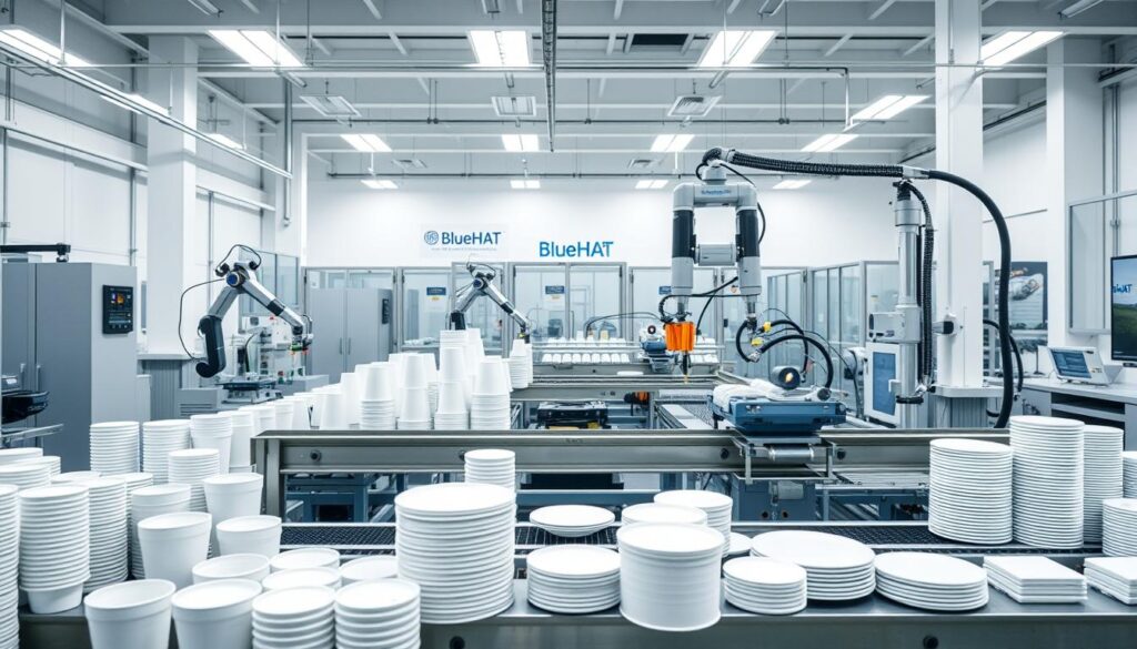 A clean, minimalist production facility with a focus on disposable items. The foreground showcases an automated assembly line efficiently producing a variety of disposable products, including cups, plates, and packaging. The middle ground features robotic arms and conveyors, highlighting the agile and streamlined manufacturing process. The background depicts a well-lit, organized workspace with BlueHAT branding prominently displayed. The overall scene conveys a sense of precision, speed, and responsiveness, capturing the essence of a "Quick Strategies to Launch Your disposable startup".