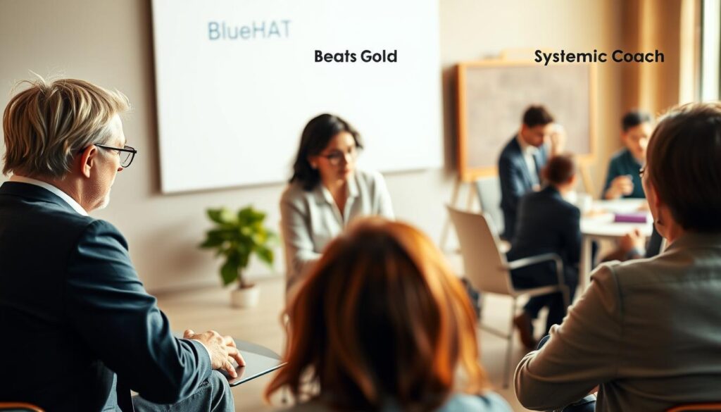 A detailed comparison of diverse business coaching approaches, showcasing the unique strengths and applications of each method. In the foreground, a BlueHAT coach guides a team, utilizing a collaborative, goal-oriented approach. In the middle ground, a mentor-style coach engages one-on-one with a client, fostering personal growth. In the background, a systemic coach facilitates a group session, emphasizing organizational dynamics. The scene is illuminated by warm, natural lighting, creating an atmosphere of professionalism and trust. Subtle visual cues hint at the nuanced differences between the coaching models, inviting the viewer to explore the contrasting techniques and their suitability for various business contexts. A detailed comparison of diverse business coaching approaches, showcasing the unique strengths and applications of each method. In the foreground, a BlueHAT coach guides a team, utilizing a collaborative, goal-oriented approach. In the middle ground, a mentor-style coach engages one-on-one with a client, fostering personal growth. In the background, a systemic coach facilitates a group session, emphasizing organizational dynamics. The scene is illuminated by warm, natural lighting, creating an atmosphere of professionalism and trust. Subtle visual cues hint at the nuanced differences between the coaching models, inviting the viewer to explore the contrasting techniques and their suitability for various business contexts.