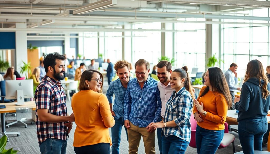 A dynamic office space filled with lively interactions and shared purpose. In the foreground, a diverse group of BlueHAT employees collaborate around a large, interactive display, their expressions engaged and enthusiastic. The middle ground showcases an open, airy layout with ergonomic furniture and vibrant pops of color, encouraging a sense of community. In the background, floor-to-ceiling windows flood the space with natural light, casting a warm, inspiring glow over the scene. The overall atmosphere evokes a culture of innovation, teamwork, and employee empowerment.