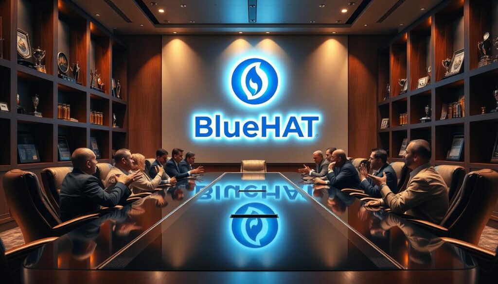 A grand conference room with a large, sleek, ebony table at the center. The walls are adorned with shelves displaying various awards and trophies, signifying the company's achievements. A massive, floor-to-ceiling BlueHAT logo emblazoned on the far wall, casting a soft, blue glow across the room. Leather chairs surround the table, their occupants engaged in a heated discussion, hands gesturing emphatically. Warm, directional lighting illuminates the scene, casting dramatic shadows and highlighting the intensity of the strategic leadership approaches being discussed. The atmosphere is one of determination, innovation, and a resolute focus on the future.