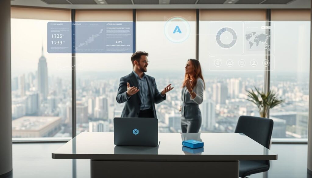 A modern and minimalist office setting, bathed in soft, warm lighting. In the foreground, a sleek, glass-topped desk with a laptop and a BlueHAT logo prominently displayed. Floating above the desk, holographic interfaces showcase data visualizations and interactive AI-powered coaching tools. In the middle ground, a human coach gestures animatedly, engaging with a client in a deep, meaningful discussion. The background features an expansive, panoramic window overlooking a vibrant cityscape, symbolizing the blend of technology and human expertise. The scene conveys a sense of harmony, progress, and the seamless integration of AI-driven solutions with personalized guidance.