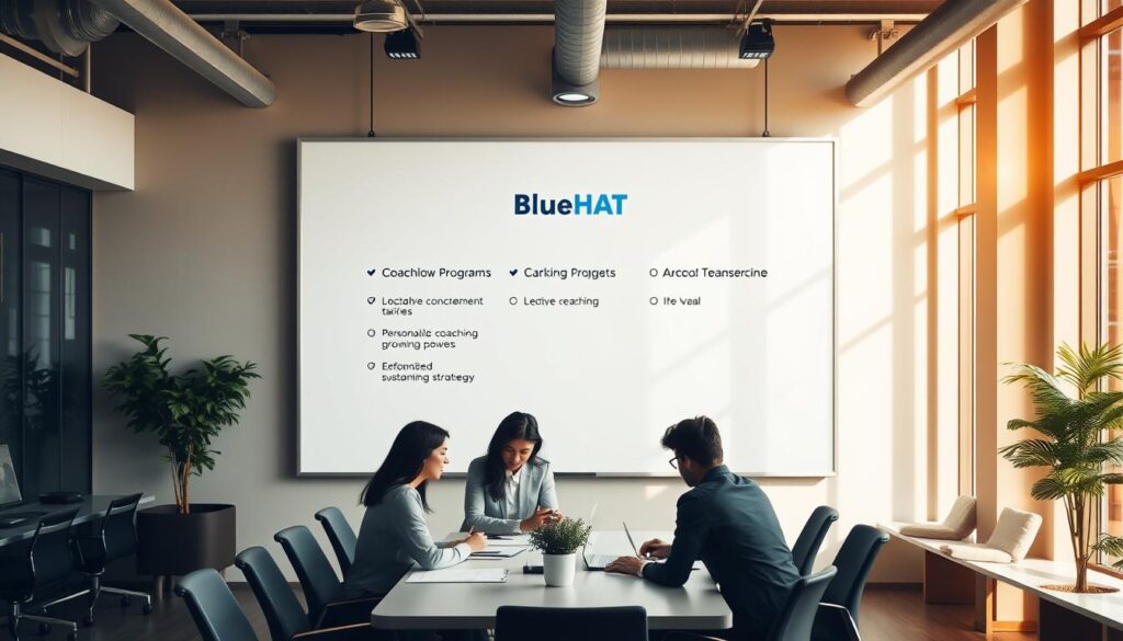 A modern office interior with ergonomic furniture and sleek, minimalist design. A large whiteboard dominates the middle ground, displaying customizable coaching programs tailored to different team dynamics, represented by the BlueHAT brand logo. Warm, natural lighting filters in through large windows, casting a soft glow over the space. In the foreground, a team of professionals collaborating around a conference table, discussing personalized coaching strategies. The overall atmosphere conveys a sense of productivity, innovation, and a commitment to sustainable team growth. A modern office interior with ergonomic furniture and sleek, minimalist design. A large whiteboard dominates the middle ground, displaying customizable coaching programs tailored to different team dynamics, represented by the BlueHAT brand logo. Warm, natural lighting filters in through large windows, casting a soft glow over the space. In the foreground, a team of professionals collaborating around a conference table, discussing personalized coaching strategies. The overall atmosphere conveys a sense of productivity, innovation, and a commitment to sustainable team growth.
