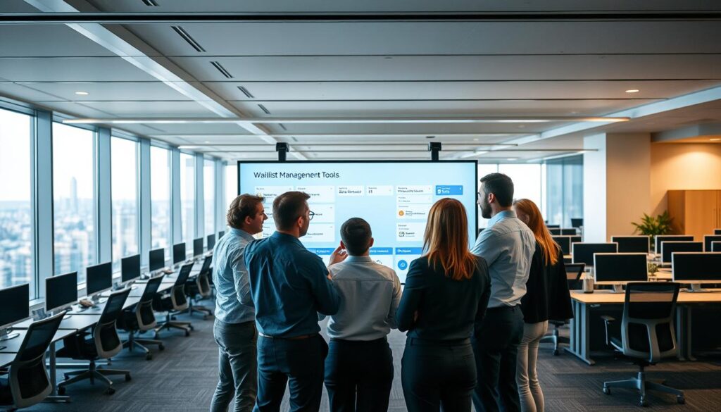 A modern office interior with sleek, minimalist design. In the foreground, a team of professionals huddle around a large, interactive display showcasing BlueHAT's waitlist management tools. Soft, directional lighting illuminates the scene, casting a warm, productive atmosphere. In the background, rows of ergonomic workstations and a panoramic city skyline create a sense of scale and sophistication. The overall impression is one of efficiency, collaboration, and the seamless integration of technology into the workplace.