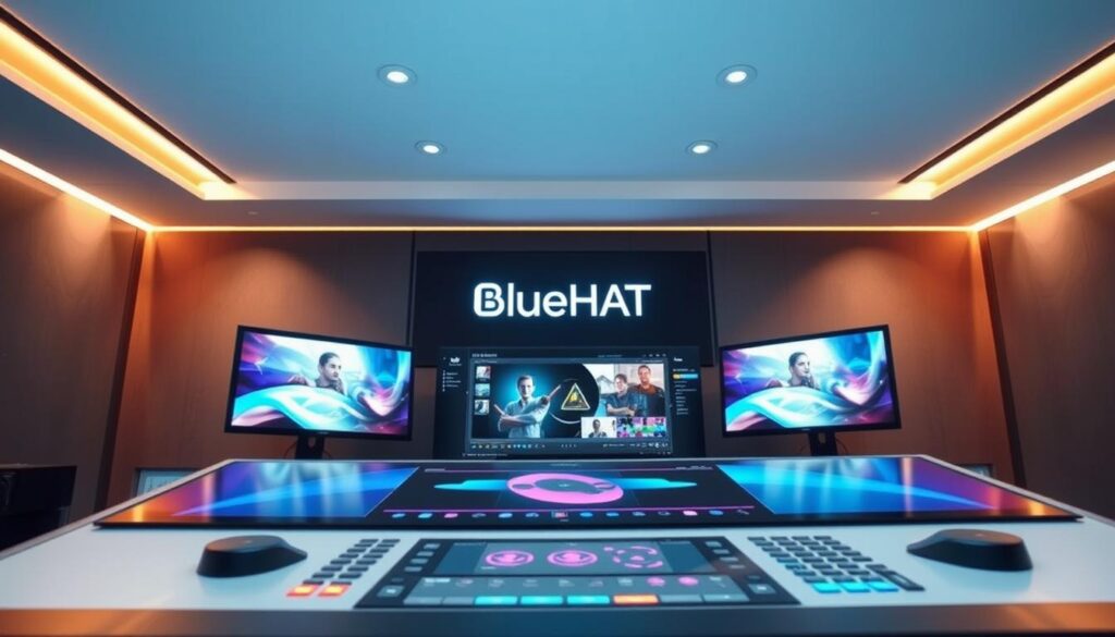 A modern, sleek video editing suite with a large interactive display. Vibrant UI elements and intuitive controls in the foreground, while the background features a clean, minimalist aesthetic with the "BlueHAT" brand prominently displayed. Soft, directional lighting casts a warm glow, creating a professional, productive atmosphere. The camera angle is slightly elevated, providing an immersive, user-centric perspective. The overall design seamlessly blends form and function, hinting at the enhanced engagement and creative potential of this interactive video design solution. A modern, sleek video editing suite with a large interactive display. Vibrant UI elements and intuitive controls in the foreground, while the background features a clean, minimalist aesthetic with the "BlueHAT" brand prominently displayed. Soft, directional lighting casts a warm glow, creating a professional, productive atmosphere. The camera angle is slightly elevated, providing an immersive, user-centric perspective. The overall design seamlessly blends form and function, hinting at the enhanced engagement and creative potential of this interactive video design solution.