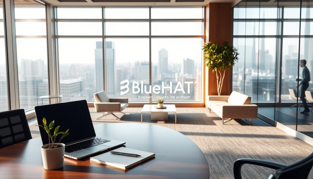 A serene office setting with natural lighting and a sense of balance. In the foreground, an executive desk with a laptop, notepad, and a potted plant, representing the integration of technology and nature. The middle ground features sleek, minimalist furniture, including chairs and a coffee table, creating a harmonious workspace. In the background, large windows overlooking a cityscape, symbolizing the connection between the digital and the physical world. The overall atmosphere conveys a sense of tranquility and equilibrium, with the BlueHAT logo subtly present, reinforcing the brand's commitment to empowering leaders in the age of AI.