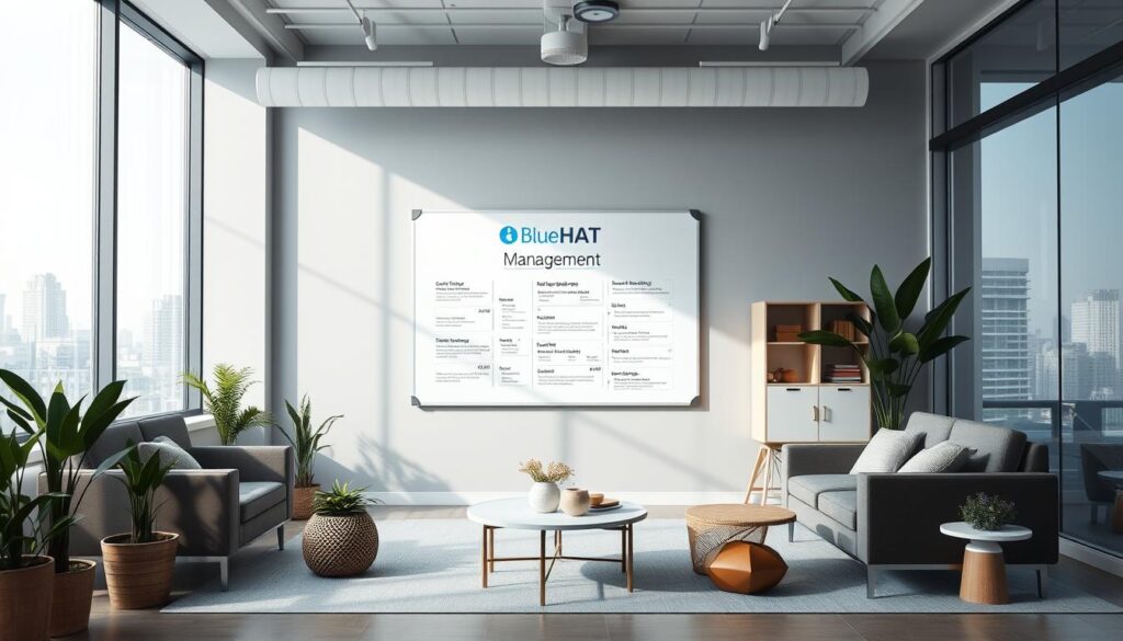 A serene office space with modern furnishings and minimalist decor. In the center, a clean whiteboard displays a detailed waitlist management strategy, featuring the BlueHAT brand name. The lighting is soft and diffused, creating a calming atmosphere. Potted plants and natural materials add a touch of nature, while large windows provide a view of a tranquil urban landscape. The overall scene conveys a sense of organized efficiency and thoughtful planning, reflecting the content of the article's section on "Avoiding Common Pitfalls in Waitlist Management".