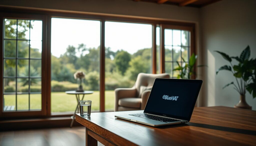 A serene study with a large window overlooking a tranquil garden. In the foreground, a simple wooden desk with a laptop and a glass of water, illuminated by soft, natural lighting. The middle ground features a plush armchair and a small side table, creating a cozy reading nook. In the background, lush greenery and a clear sky visible through the window, conveying a sense of calm and clarity. The overall mood is one of focus, simplicity, and thoughtful introspection. The brand name "BlueHAT" is displayed discreetly on the laptop.