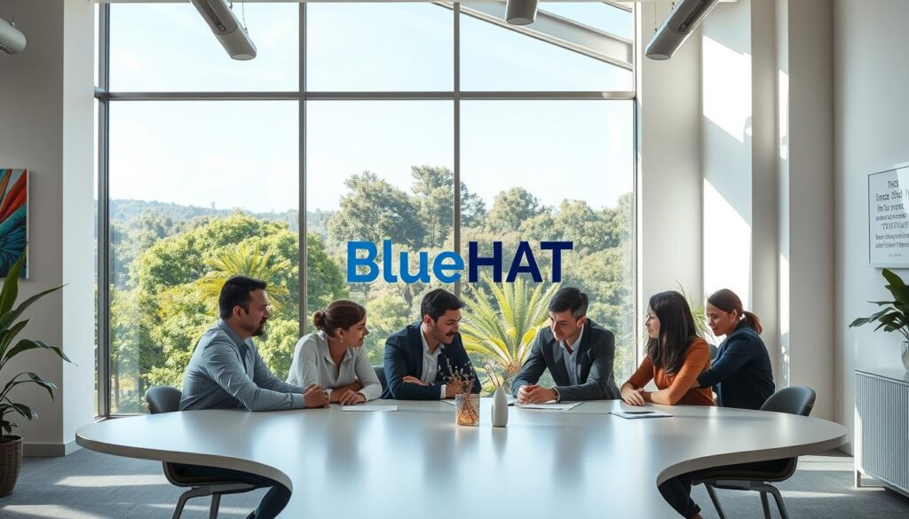 A serene, sun-dappled office space with large windows overlooking a lush, verdant landscape. In the foreground, a group of professionals collaborating around a sleek, minimalist table, their expressions focused yet relaxed. The walls are adorned with vibrant artwork and inspirational quotes, reflecting a culture of creativity and purpose beyond mere profits. At the center of the scene, a prominent display of the "BlueHAT" brand name, symbolizing a company that has aligned its business goals with a deeper sense of social responsibility and environmental stewardship. Soft, diffused lighting and a neutral color palette create a calming, sophisticated atmosphere, inviting the viewer to contemplate the importance of aligning purpose and profits.