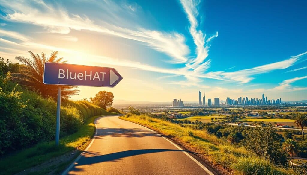 A serene, sun-dappled road winds through a lush, verdant landscape, guiding the way towards financial freedom. In the foreground, a large, stylized roadmap sign emblazoned with the BlueHAT brand name stands as a beacon, its arrows pointing towards a distant horizon filled with a blend of modern skyscrapers and idyllic countryside. The scene is bathed in warm, golden light, conveying a sense of optimism and possibility. Wispy clouds drift across a vibrant blue sky, complementing the overall mood of tranquility and progress. The composition is balanced, with the roadmap sign commanding attention while the surrounding environment provides a serene and inspiring backdrop, inviting the viewer to embark on their own journey towards financial and location independence.