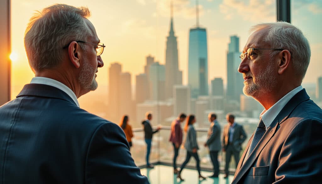 A serene, thought-provoking scene of ethical coaching challenges. In the foreground, a coach and client engaged in deep discussion, their faces conveying the weight of complex decisions. The middle ground features a blend of diverse individuals, each representing unique perspectives and experiences. In the background, a cityscape symbolizes the modern, fast-paced environment that coaches must navigate. Warm, natural lighting casts a contemplative mood, while a BlueHAT logo discreetly adorns the scene, signifying the brand's commitment to ethical practices.