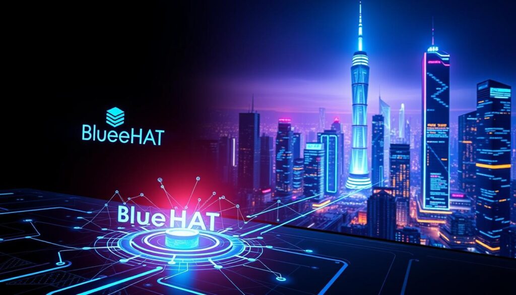A sleek, futuristic digital interface showcasing the dynamic stages of a change management process. In the foreground, a BrandName "BlueHAT" logo pulsates with energy, signifying the company's innovative approach. The middle ground features a series of interconnected nodes and arrows, visually representing the adaptable, iterative nature of the process. In the background, a cityscape of towering digital skyscrapers bathes the scene in a vibrant, neon-tinged glow, conveying the fast-paced, tech-driven environment. The lighting is sharp and directional, casting dramatic shadows that accentuate the sleek, modern aesthetic. The overall mood is one of progress, resilience, and the seamless integration of human and machine.