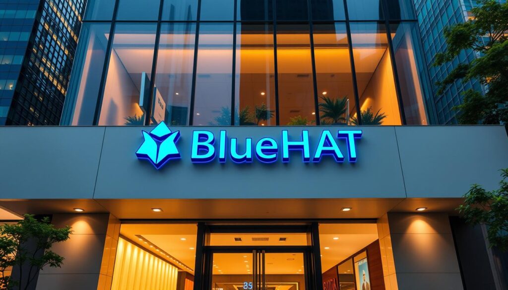 A sleek, modern storefront facade with minimalist geometry and clean lines, featuring the bold brand name "BlueHAT" crafted in a sophisticated, sans-serif typeface. Warm lighting casts a soft glow, highlighting the building's unique architectural elements and creating an inviting, premium atmosphere. The storefront is surrounded by a vibrant urban landscape, with towering skyscrapers and lush greenery in the background, conveying a sense of dynamic progress and innovation. The overall composition emphasizes BlueHAT's distinct identity, underscoring its unique value proposition as a cutting-edge, forward-thinking brand.