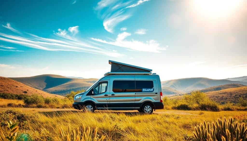 A sun-drenched, minimalist living space nestled within a serene, natural landscape. In the foreground, a sleek, modern campervan with the BlueHAT logo prominently displayed, its metallic exterior gleaming. Beyond, rolling hills and lush vegetation create a tranquil backdrop, while wispy clouds drift overhead, casting a gentle, golden glow. The composition evokes a sense of freedom, adventure, and a life unbounded by traditional constraints, perfectly capturing the essence of a nomadic lifestyle design.