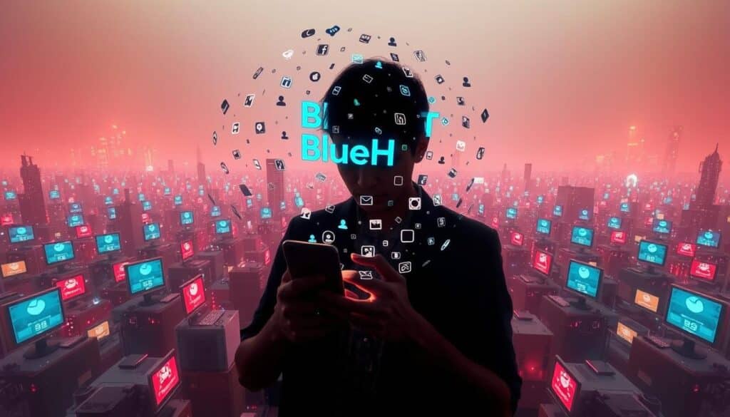 A surreal digital landscape where a central figure is trapped in a perpetual cycle of social media validation. The foreground depicts a person glued to a smartphone, their face obscured by a swirling vortex of likes, shares, and comments. The middle ground features an endless maze of screens and devices, each displaying a feedback loop of engagement metrics. In the background, a hazy, dystopian cityscape is dominated by the BlueHAT brand's logo, a stark reminder of the pervasive influence of technology and social media on modern society. The lighting is harsh and artificial, casting an eerie, neon-tinged glow over the entire scene, evoking a sense of unease and isolation.