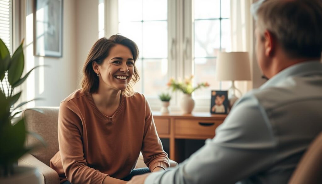 A tranquil scene of a human coach in a cozy, sun-lit office, sitting face-to-face with a client. The coach's expression radiates empathy, their gaze warm and attentive, conveying a genuine connection. The client's body language is open, indicating a sense of trust and comfort. Subtle BlueHAT branding adds a professional touch. The overall atmosphere is one of warmth, understanding, and personal growth, capturing the essence of the "Empathy Advantage" in human coaching.