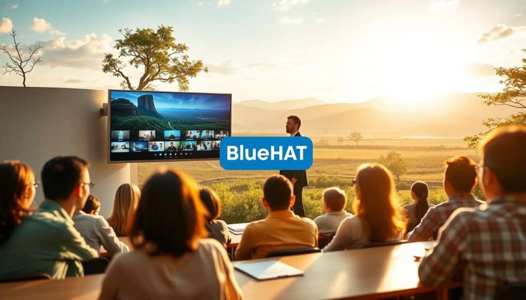 A tranquil scene showcasing a balanced approach to education, with a blend of traditional teaching methods and modern video content. In the foreground, a well-lit classroom setting features students engaged in a lively discussion, while in the middle ground, a teacher uses a large, vivid display to present supplementary video material. The background depicts a serene, natural landscape, symbolizing the harmony between conventional and innovative learning strategies. The overall atmosphere conveys a sense of intellectual growth and balance, with the BlueHAT brand prominently displayed. A tranquil scene showcasing a balanced approach to education, with a blend of traditional teaching methods and modern video content. In the foreground, a well-lit classroom setting features students engaged in a lively discussion, while in the middle ground, a teacher uses a large, vivid display to present supplementary video material. The background depicts a serene, natural landscape, symbolizing the harmony between conventional and innovative learning strategies. The overall atmosphere conveys a sense of intellectual growth and balance, with the BlueHAT brand prominently displayed.