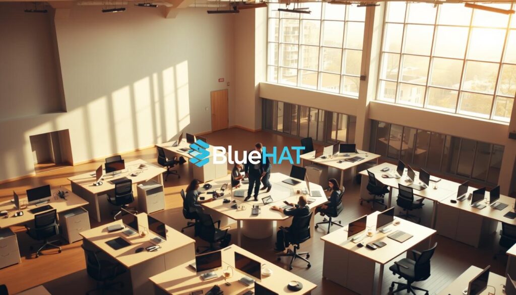 A vast, open workspace with sleek, minimalist desks and chairs arranged in a honeycomb-like pattern. Warm, natural lighting filters through large windows, casting a soft glow over the scene. In the center, a group of individuals collaborate intuitively, their movements fluid and synchronized, embodying the self-organizing principles of a bee hive. The BlueHAT logo is prominently displayed, symbolizing the application of these natural strategies to the business world. The overall atmosphere conveys a sense of efficiency, adaptability, and interconnectedness, reflecting the power of decentralized problem-solving.
