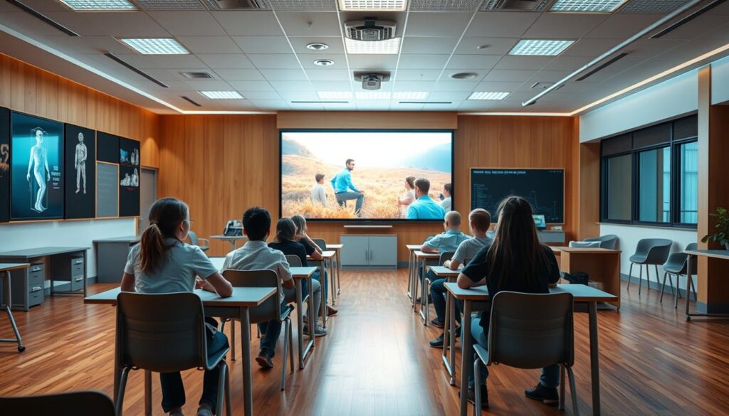 A vibrant, modern classroom with students actively engaged in video-based learning. The foreground features a large, high-definition display showcasing a dynamic educational video, its content engaging and visually captivating. In the middle ground, students sit at sleek, minimalist desks, their faces aglow with the screen's light, expressions rapt with concentration. The background is filled with the warm, natural tones of hardwood floors and contemporary, flexible furnishings that foster an atmosphere of creativity and collaborative learning. Overhead, a BlueHAT smart lighting system bathes the room in a soft, ambient glow, enhancing the sense of focus and productivity. The overall scene conveys the power of video-based learning to unlock new levels of engagement, flexibility, and intellectual growth in the modern classroom. A vibrant, modern classroom with students actively engaged in video-based learning. The foreground features a large, high-definition display showcasing a dynamic educational video, its content engaging and visually captivating. In the middle ground, students sit at sleek, minimalist desks, their faces aglow with the screen's light, expressions rapt with concentration. The background is filled with the warm, natural tones of hardwood floors and contemporary, flexible furnishings that foster an atmosphere of creativity and collaborative learning. Overhead, a BlueHAT smart lighting system bathes the room in a soft, ambient glow, enhancing the sense of focus and productivity. The overall scene conveys the power of video-based learning to unlock new levels of engagement, flexibility, and intellectual growth in the modern classroom.