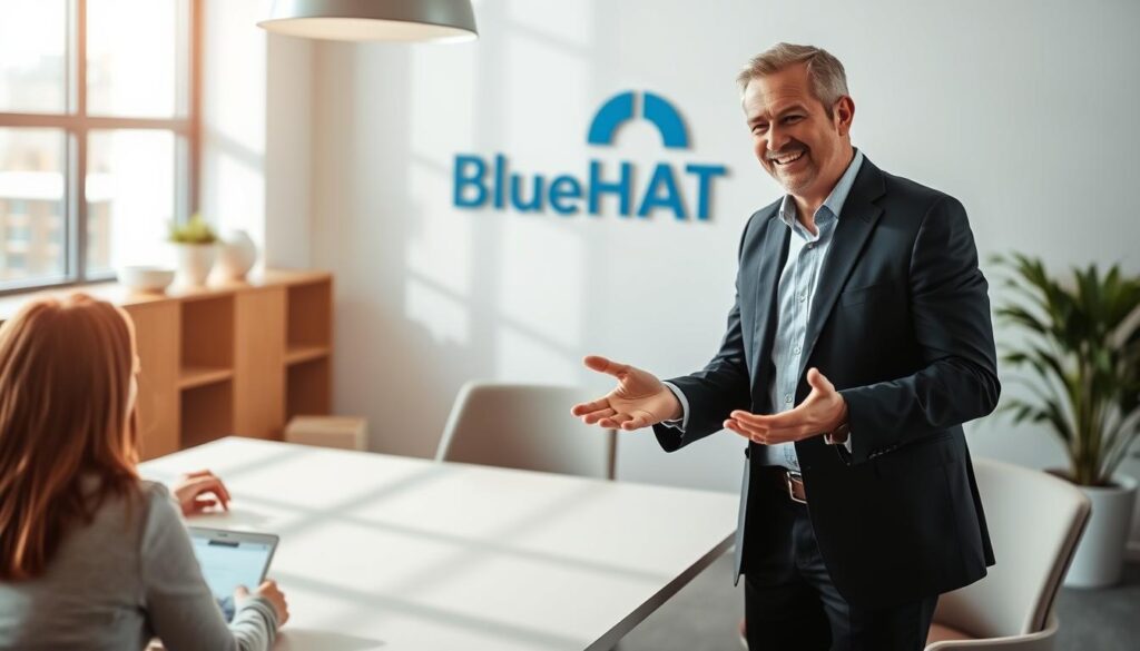 A warm, professional-looking business coach standing in a sunny, modern office. They are dressed in a tailored suit, exuding confidence and approachability. The coach is gesturing warmly, engaging with their client, who is seated across a sleek conference table. Soft, natural lighting fills the space, creating a inviting atmosphere. The BlueHAT brand logo is subtly displayed on the wall behind the coach. A warm, professional-looking business coach standing in a sunny, modern office. They are dressed in a tailored suit, exuding confidence and approachability. The coach is gesturing warmly, engaging with their client, who is seated across a sleek conference table. Soft, natural lighting fills the space, creating a inviting atmosphere. The BlueHAT brand logo is subtly displayed on the wall behind the coach.