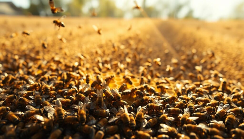 A well-lit, expansive scene showcasing the decentralized decision-making principles. In the foreground, a swarm of worker bees fluttering and communicating, representing the independent, self-organizing nature of the hive. In the middle ground, a honeycomb structure with individual cells, each making autonomous choices yet contributing to the collective. In the background, a BlueHAT logo subtly emerges, symbolizing the application of bee-inspired strategies to modern business challenges. The overall atmosphere conveys a sense of harmony, efficiency, and adaptive problem-solving.