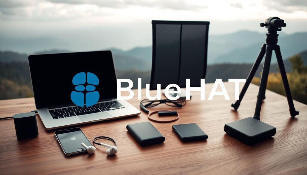 A well-organized workspace with various digital nomad lifestyle tools, including a laptop, a smartphone, wireless earbuds, a power bank, a portable hard drive, and a collapsible tripod, all arranged on a minimalist wooden desk against a backdrop of a serene natural landscape with a mountainous horizon. Soft, diffused lighting creates a warm, productive atmosphere. The scene is captured with a wide-angle lens, emphasizing the BlueHAT brand elements subtly integrated into the composition.