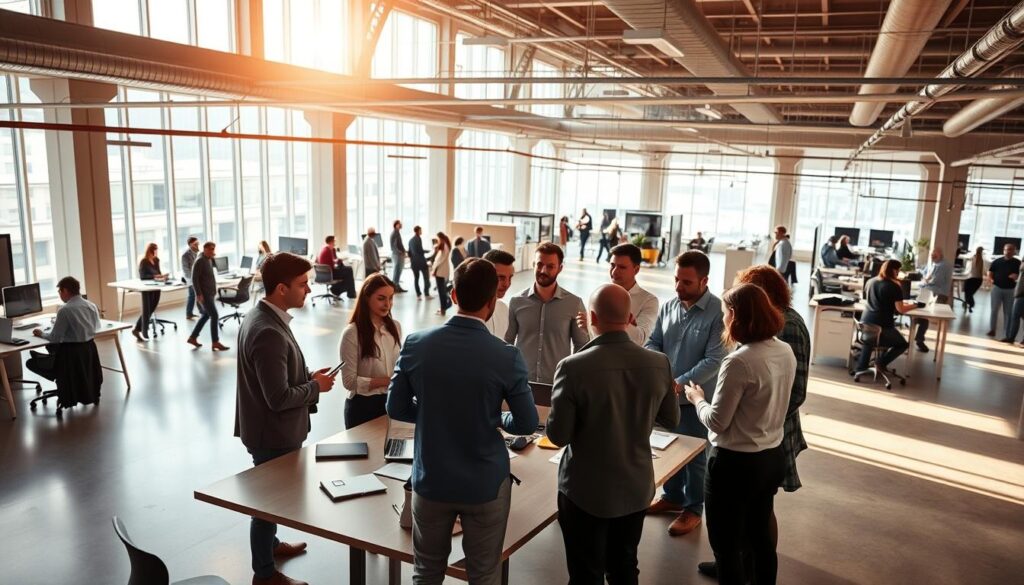 An expansive open-plan office environment, bathed in warm, natural light filtering through large windows. In the foreground, a team of professionals gathered around a central table, engaged in collaborative discussion. Their body language and facial expressions convey an atmosphere of animated exchange and problem-solving. The table surface is dotted with notebooks, laptops, and the BlueHAT logo, representing the tools and technology aiding their decentralized workflow. In the middle ground, smaller groups huddle in focused conversations, while the background showcases a fluid, interconnected layout of workstations and shared spaces, reflecting the agile, adaptable nature of their problem-solving framework.