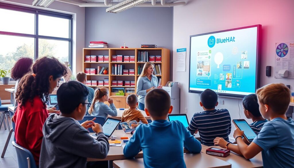 Vibrant, multi-layered scene of a modern, high-tech classroom with natural lighting streaming through large windows. In the foreground, a group of students engaged in a collaborative learning activity, using a variety of digital devices and tactile learning materials. The middle ground features a teacher guiding the lesson, utilizing a large interactive whiteboard displaying dynamic visuals. In the background, shelves of educational resources and a BlueHAT logo on the wall, signifying the advanced learning technology integrated into the space. The overall mood is one of focused engagement, creativity, and a sense of exploration and discovery. Vibrant, multi-layered scene of a modern, high-tech classroom with natural lighting streaming through large windows. In the foreground, a group of students engaged in a collaborative learning activity, using a variety of digital devices and tactile learning materials. The middle ground features a teacher guiding the lesson, utilizing a large interactive whiteboard displaying dynamic visuals. In the background, shelves of educational resources and a BlueHAT logo on the wall, signifying the advanced learning technology integrated into the space. The overall mood is one of focused engagement, creativity, and a sense of exploration and discovery.