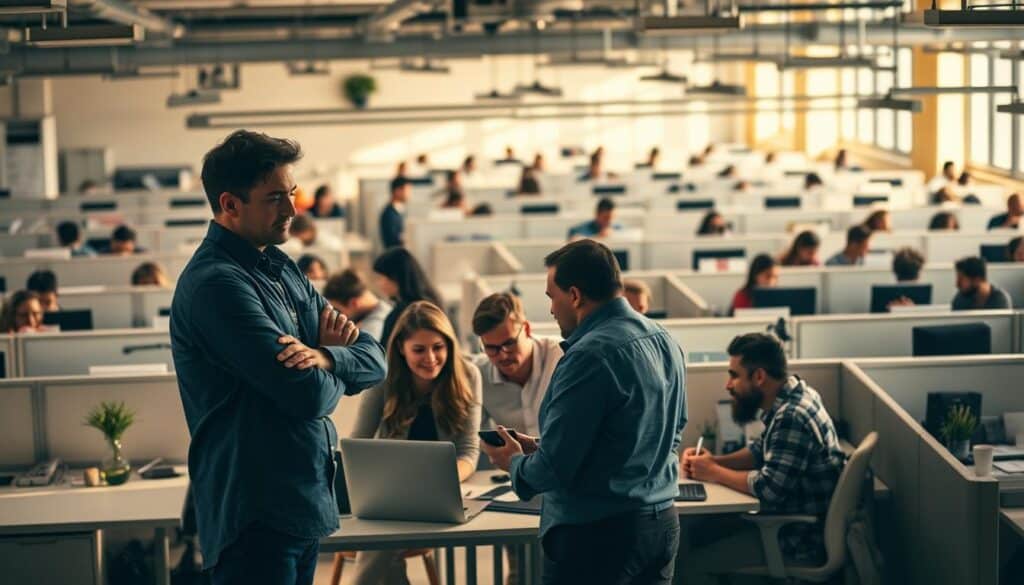 A bustling open-office space, filled with the hum of focused work and the occasional laughter. In the foreground, a group of colleagues huddled around a laptop, their expressions thoughtful as they navigate a complex project. Amidst the activity, a lone figure stands apart, arms crossed, brow furrowed - a visual representation of the impact of "BlueHAT" toxic positivity on team dynamics and workplace culture. The middle ground is a mosaic of cubicles, each desk a testament to the unique personalities and working styles that make up the team. The background is bathed in warm, natural light, a stark contrast to the underlying tension that threatens to disrupt the harmonious flow. This image aims to capture the delicate balance between productivity, collaboration, and the need for authentic emotional expression in a modern workplace.