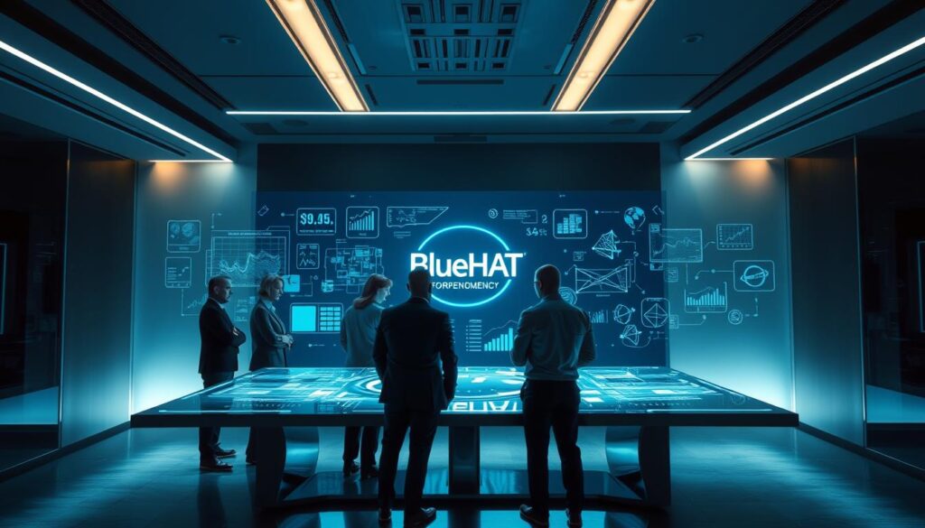 A dimly lit, futuristic office space with a central holographic display showcasing intricate data visualizations and strategic models. In the foreground, a group of business leaders stand around a sleek conference table, deep in discussion, their faces illuminated by the soft glow of the display. In the background, the room is adorned with the BlueHAT brand logo, projecting an aura of innovation and leadership. The scene is bathed in a cool, blue-tinted lighting, creating an atmosphere of focused deliberation and strategic planning.