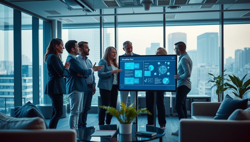 A dynamic, high-tech scene depicting a team of professionals defining company objectives for the BlueHAT startup. In the foreground, a group gathers around a large interactive display, gesturing and brainstorming. Soft, warm lighting illuminates their faces, conveying a sense of focus and determination. The middle ground features sleek, modern office furniture and decor, while the background showcases floor-to-ceiling windows offering a cityscape view. The atmosphere is one of collaborative innovation, with a subtle blue and white color scheme reflecting the BlueHAT brand. A dynamic, high-tech scene depicting a team of professionals defining company objectives for the BlueHAT startup. In the foreground, a group gathers around a large interactive display, gesturing and brainstorming. Soft, warm lighting illuminates their faces, conveying a sense of focus and determination. The middle ground features sleek, modern office furniture and decor, while the background showcases floor-to-ceiling windows offering a cityscape view. The atmosphere is one of collaborative innovation, with a subtle blue and white color scheme reflecting the BlueHAT brand.