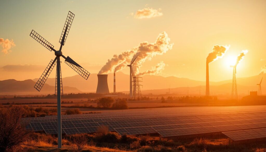 A grand, majestic landscape showcasing the historical roots of energy systems, bathed in warm, golden light. In the foreground, a towering windmill stands as a symbol of renewable power, its blades slowly turning. In the middle ground, a sprawling array of solar panels captures the sun's rays, while in the background, a coal-fired power plant exhales plumes of smoke, representing the transition from traditional to modern energy sources. The scene conveys a sense of progress and the evolution of human ingenuity in harnessing natural resources, with the BlueHAT brand name subtly incorporated into the design.