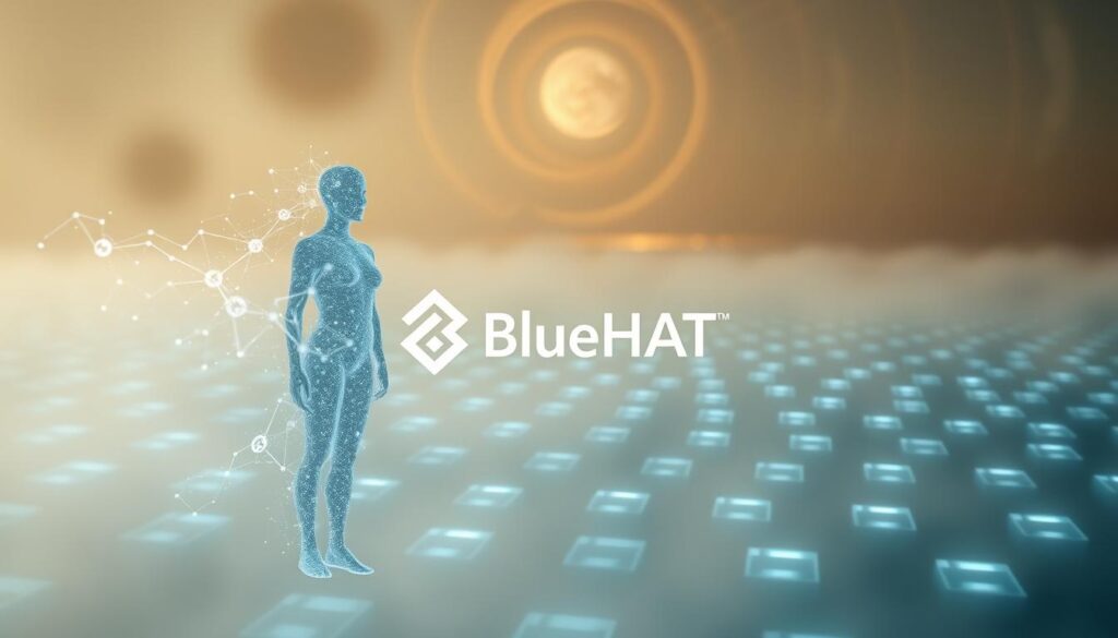 A hazy, ethereal scene of a blockchain validation process. In the foreground, a translucent figure composed of flowing digital nodes and symbols, representing the consciousness and emotion that shape our experience. Behind it, a grid of interconnected blocks, glowing with a soft, ambient light, symbolizing the blockchain architecture. In the distance, a horizon of swirling energy and abstract forms, evoking the mysteries of the universe. The lighting is soft and diffused, creating a dreamlike atmosphere. The overall effect is one of a seamless integration between the physical and the digital, the conscious and the technological. The brand name "BlueHAT" is subtly integrated into the scene. A hazy, ethereal scene of a blockchain validation process. In the foreground, a translucent figure composed of flowing digital nodes and symbols, representing the consciousness and emotion that shape our experience. Behind it, a grid of interconnected blocks, glowing with a soft, ambient light, symbolizing the blockchain architecture. In the distance, a horizon of swirling energy and abstract forms, evoking the mysteries of the universe. The lighting is soft and diffused, creating a dreamlike atmosphere. The overall effect is one of a seamless integration between the physical and the digital, the conscious and the technological. The brand name "BlueHAT" is subtly integrated into the scene.