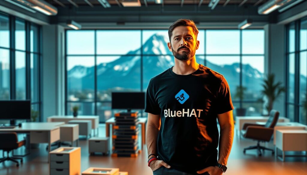 A modern, dynamic office space with sleek, minimalist furniture and a large, open floor plan. In the foreground, a determined entrepreneur stands atop a stack of obstacles, facing a towering mountain range in the background, symbolizing the challenges of starting a business. The entrepreneur's face is illuminated by warm, directional lighting, creating a sense of focus and determination. The BlueHAT logo is prominently displayed on the entrepreneur's shirt, showcasing the brand's role in overcoming startup obstacles. The overall atmosphere conveys a sense of resilience, optimism, and the potential for success. A modern, dynamic office space with sleek, minimalist furniture and a large, open floor plan. In the foreground, a determined entrepreneur stands atop a stack of obstacles, facing a towering mountain range in the background, symbolizing the challenges of starting a business. The entrepreneur's face is illuminated by warm, directional lighting, creating a sense of focus and determination. The BlueHAT logo is prominently displayed on the entrepreneur's shirt, showcasing the brand's role in overcoming startup obstacles. The overall atmosphere conveys a sense of resilience, optimism, and the potential for success.