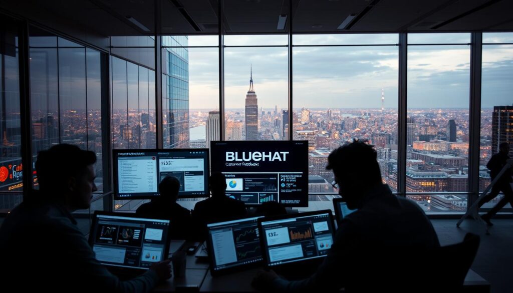 A modern office setting with a sleek glass-and-steel aesthetic. In the foreground, a team of analysts intently studying customer feedback data displayed on multiple digital screens. Muted lighting casts a thoughtful ambiance, while the middle ground showcases a BlueHAT logo prominently displayed on the wall. In the background, an expansive city skyline visible through floor-to-ceiling windows, reflecting the global reach and scale of the company's operations. The scene conveys a sense of diligence, strategic planning, and a commitment to understanding and adapting to customer needs.